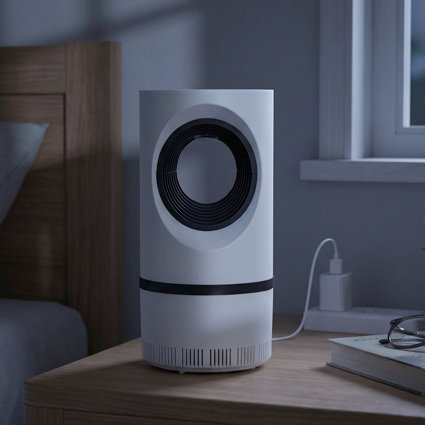 Wukusy electric USB mosquito killer lamp with suction trap for indoor insect control, shown plugged in and active.