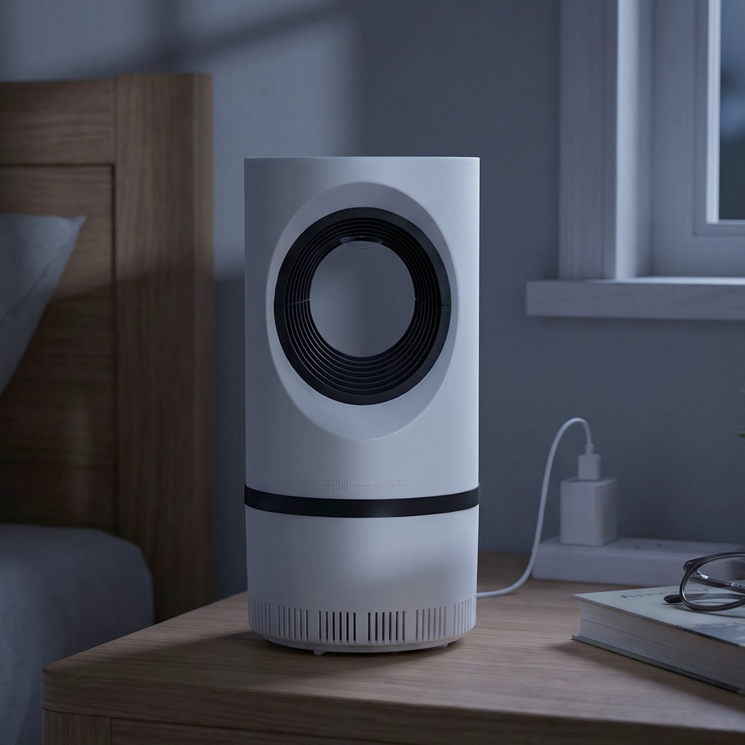 Wukusy electric USB mosquito killer lamp with suction trap for indoor insect control, shown plugged in and active.
