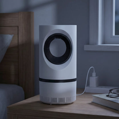 Wukusy electric USB mosquito killer lamp with suction trap for indoor insect control, shown plugged in and active.