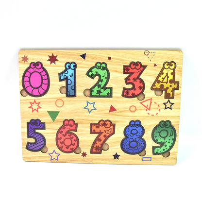 Wooden number puzzle educational toy by Wukusy, featuring colorful number pieces on a wooden learning board.
