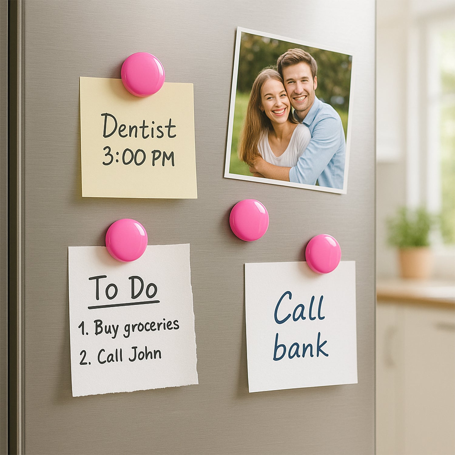 Set of four round Wukusy fridge magnets with colorful designs, perfect for home decoration and organization on a refrigerator.
