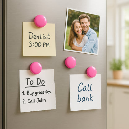 Set of four round Wukusy fridge magnets with colorful designs, perfect for home decoration and organization on a refrigerator.