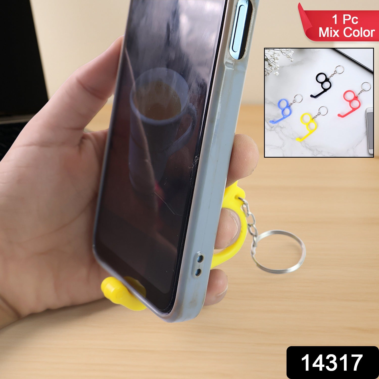 Wukusy 2-in-1 plastic dual-finger mobile stand and keyring in mixed colors, compact and versatile mobile accessory.