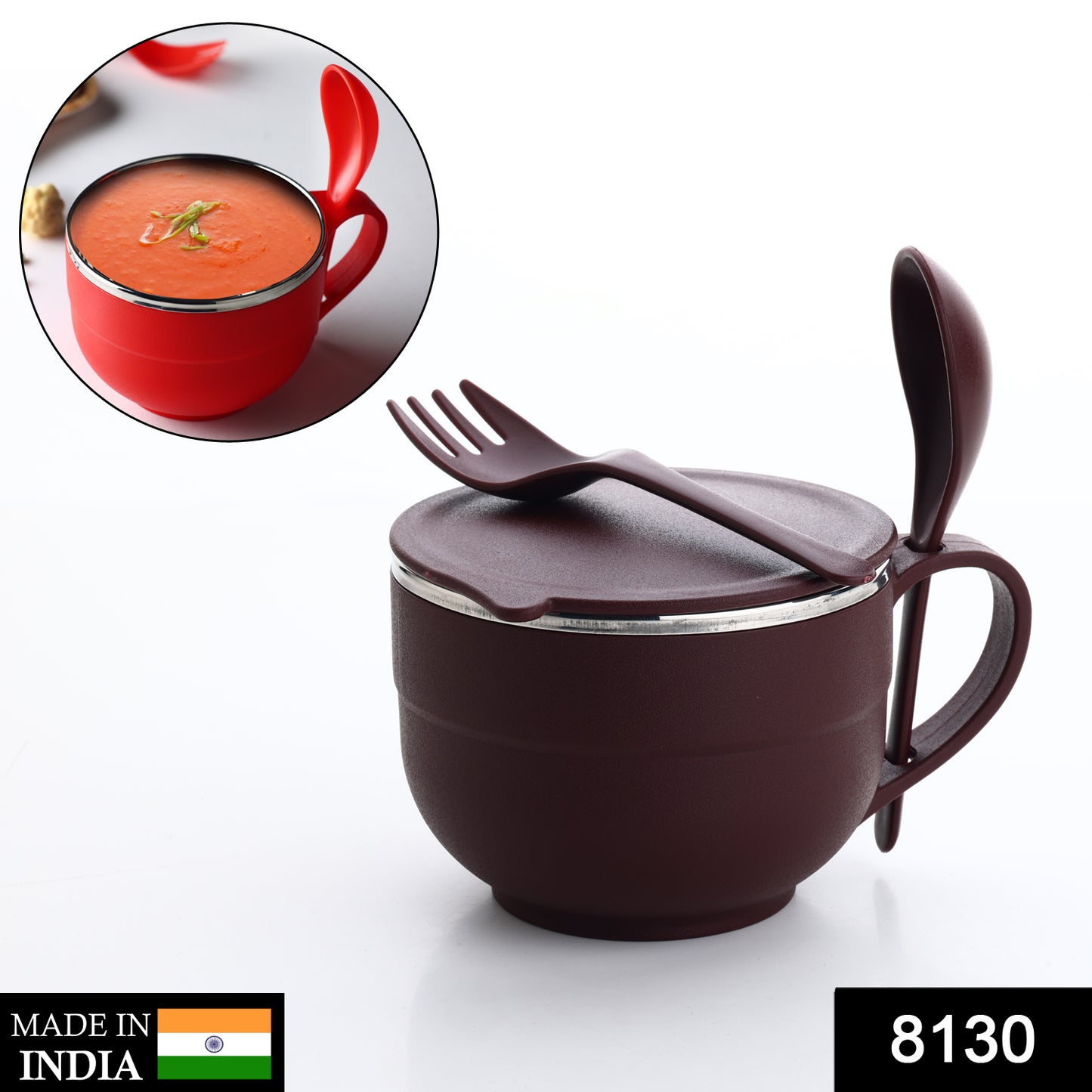 Wukusy 8130 stainless steel soup bowl set with spoon and fork handles, including a spoon holder for kitchen or dining use
