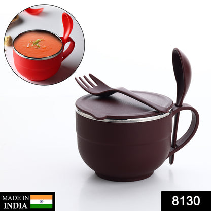 Wukusy 8130 stainless steel soup bowl set with spoon and fork handles, including a spoon holder for kitchen or dining use