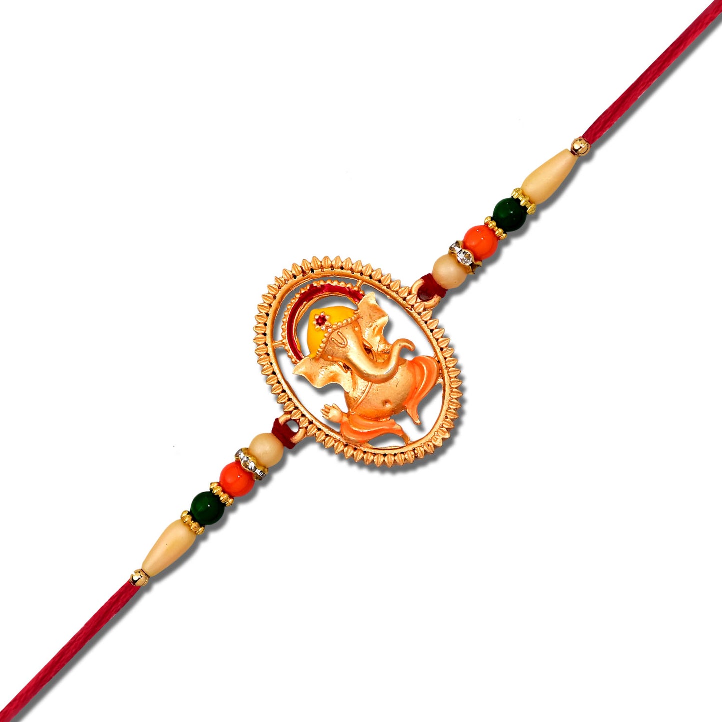 Colorful Ganesha designer Rakhi from Wukusy, featuring intricate fashion design with traditional and modern elements.