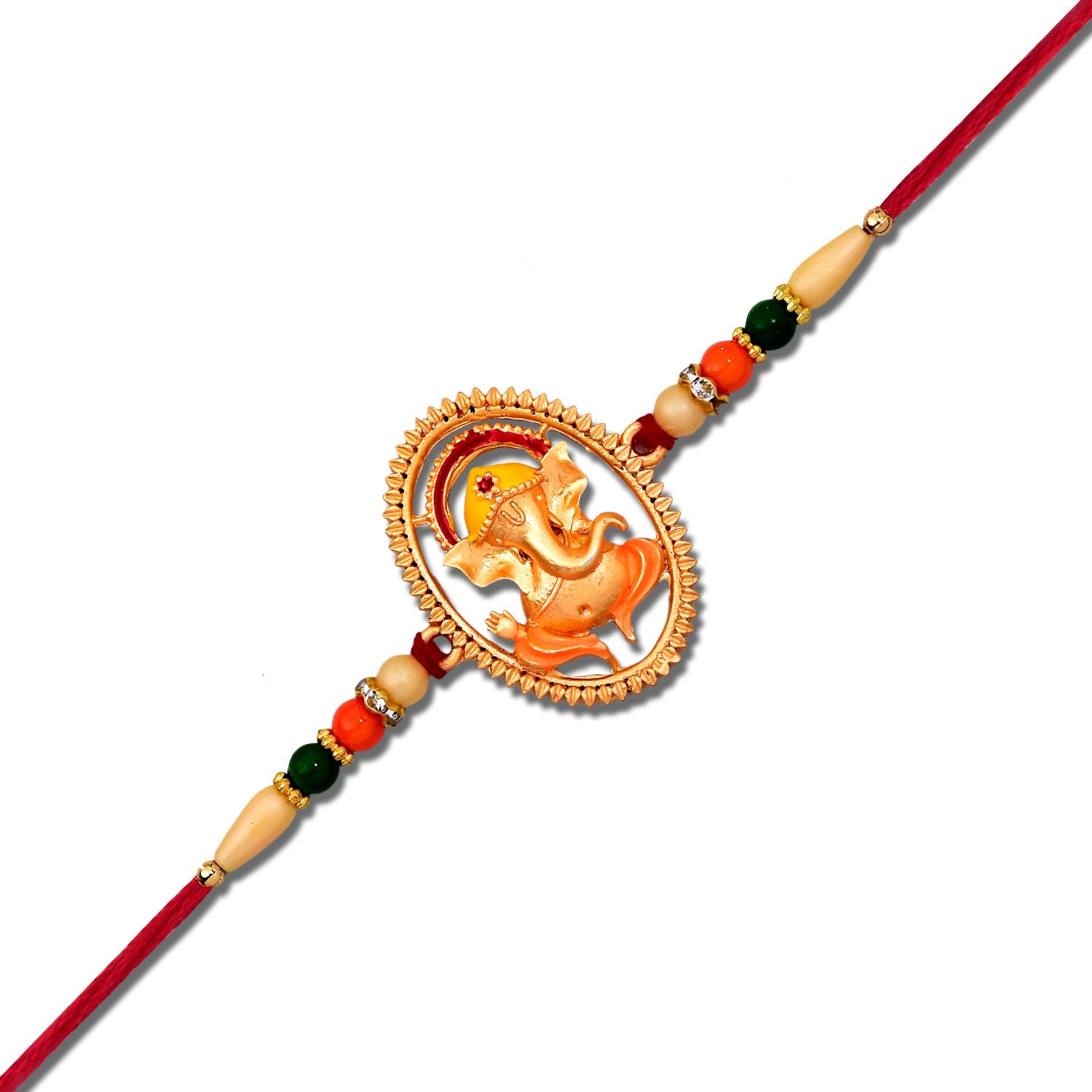 Colorful Ganesha designer Rakhi from Wukusy, featuring intricate fashion design with traditional and modern elements.