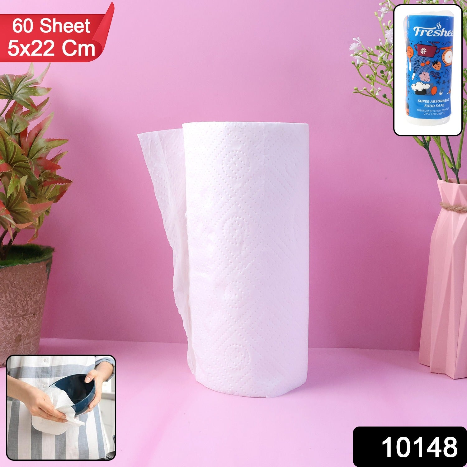 Wukusy Freshee kitchen paper towel roll with 60 sheets, each 21.5 x 22 cm, shown in a kitchen setting