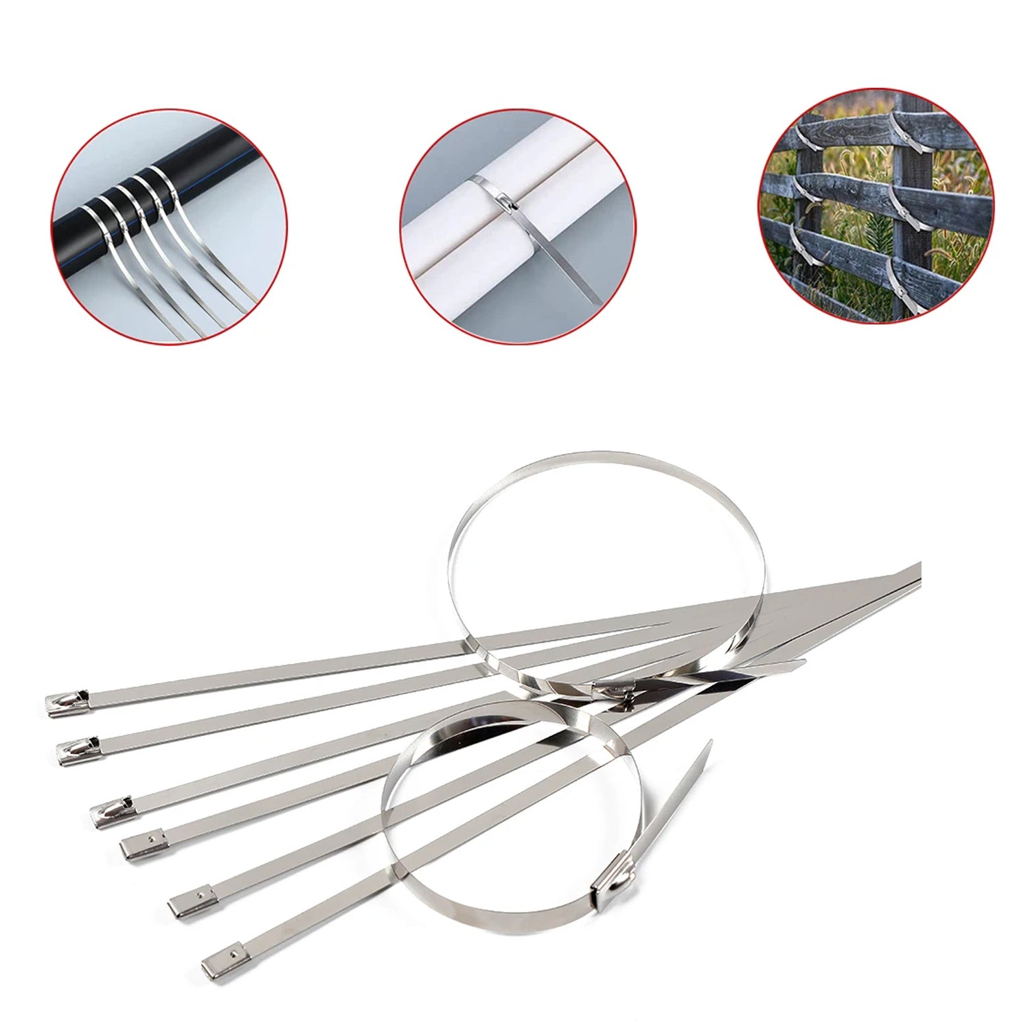 Wukusy stainless steel cable ties set with 100 rustproof, high-strength self-locking zip ties for solar, industrial, and home use.