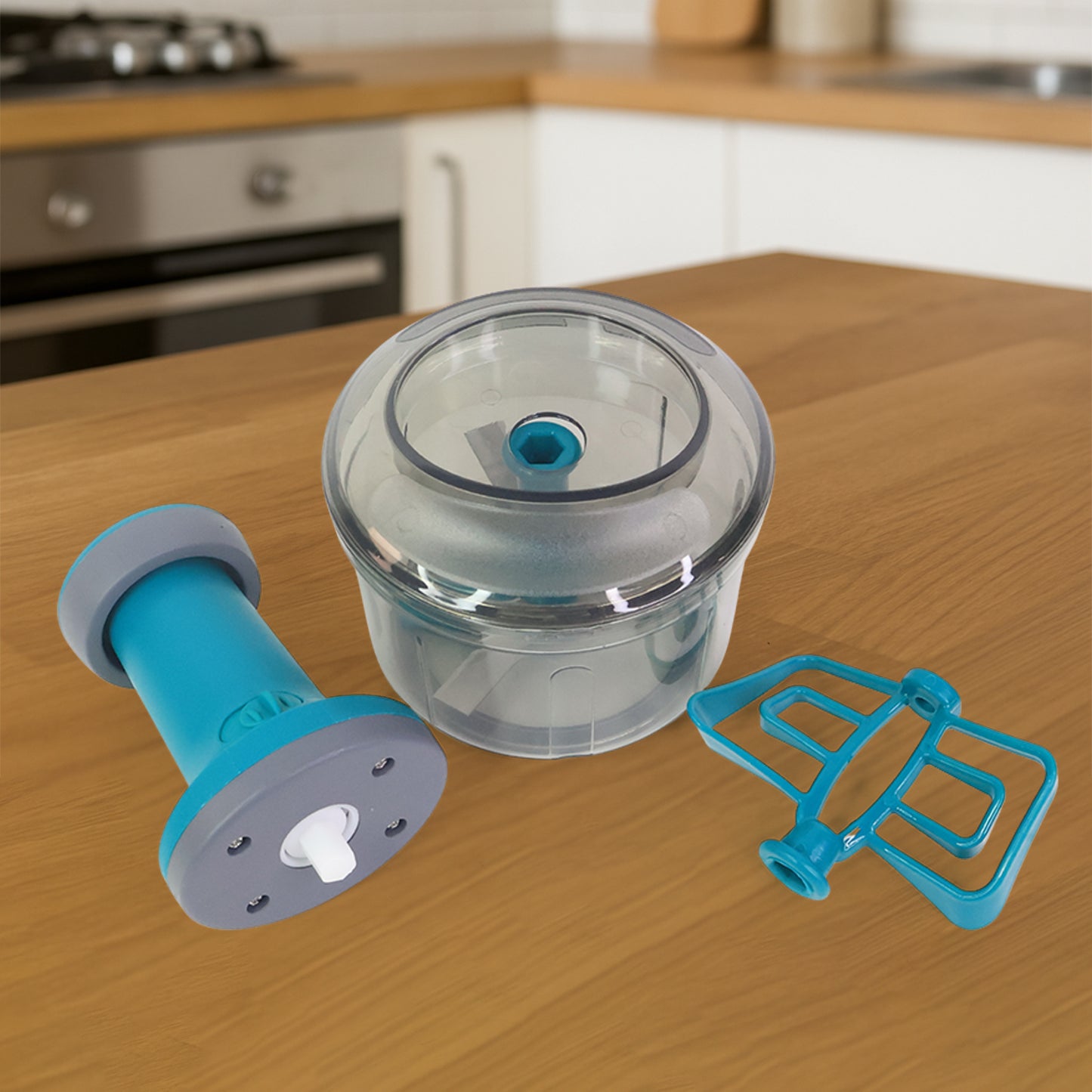 Wukusy Supermom Premium manual push chopper and vegetable cutter with 750ml capacity, used for chopping vegetables efficiently.
