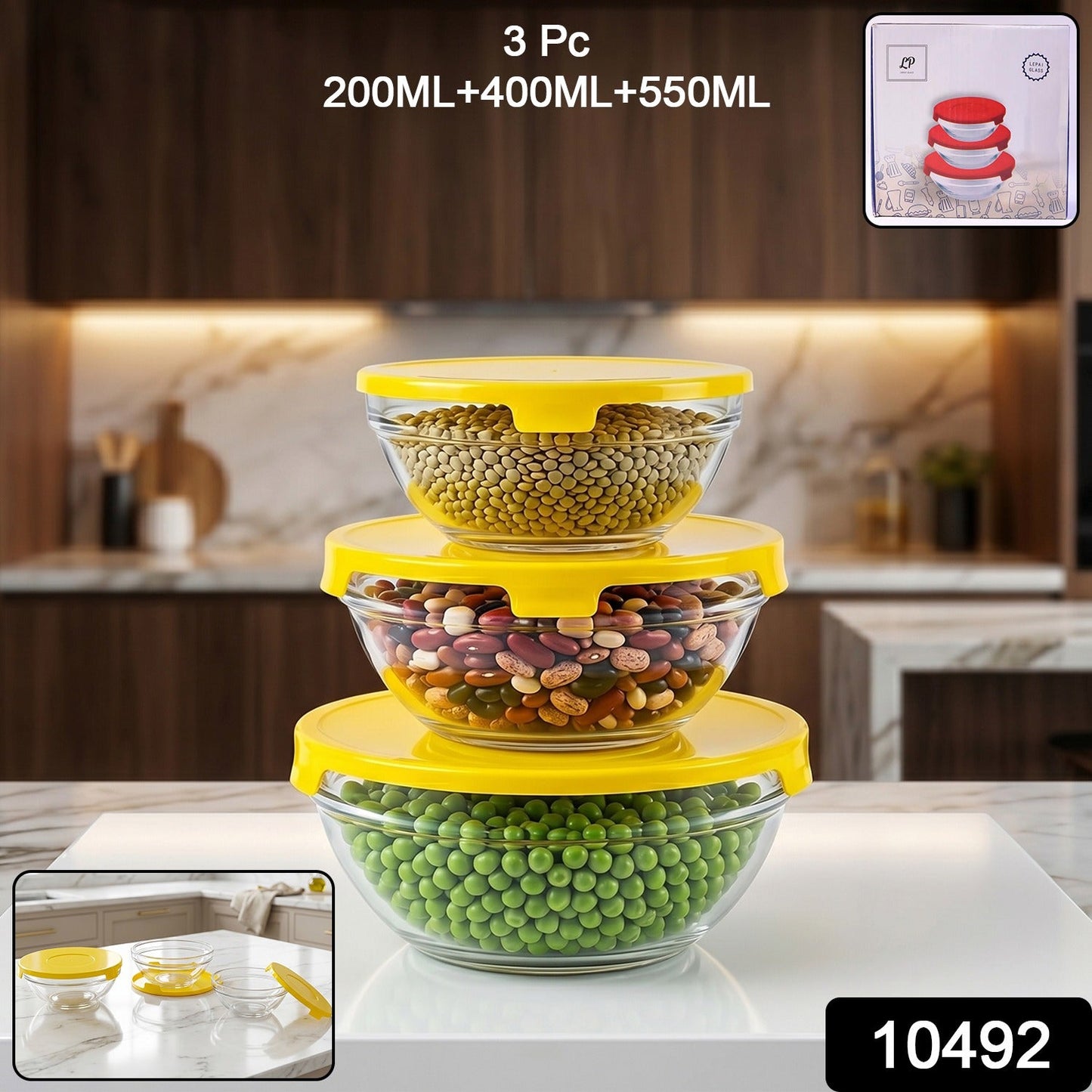 Set of clear glass bowls with matching lids from Wukusy, ideal for kitchen storage and serving.