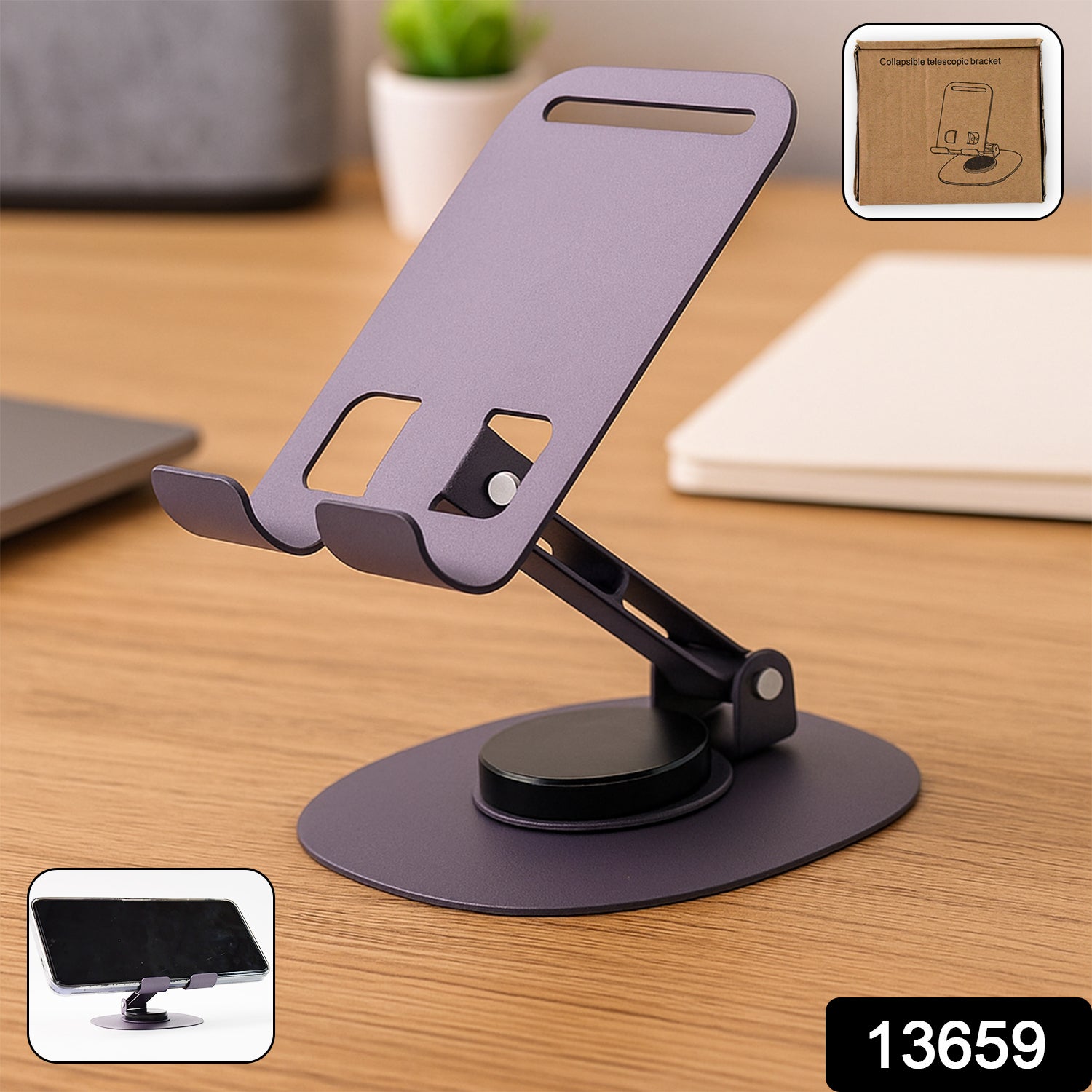 Foldable Wukusy mobile stand with 360-degree rotation, displaying a sleek, portable accessory for hands-free mobile use.