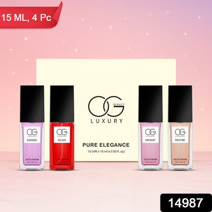 Wukusy OG Beauty Luxury Pure Elegance Eau De Parfum 4-piece set with 15ml bottles, showcasing elegant perfume bottles and packaging.