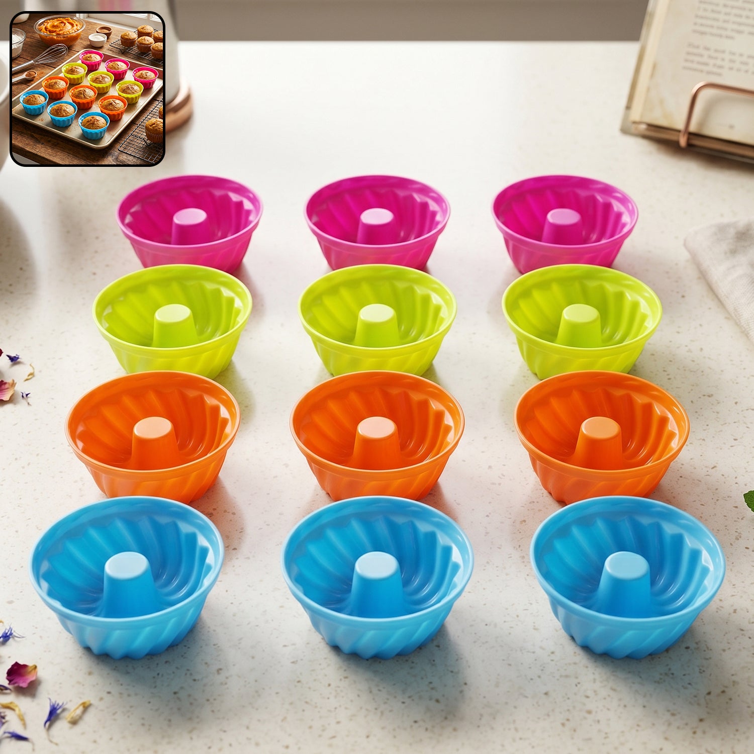 Set of 12 reusable silicone cupcake molds from Wukusy, flexible and non-stick for baking cupcakes and muffins.