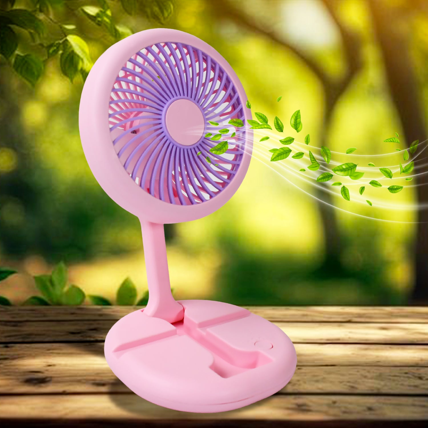 Wukusy USB rechargeable portable fan with LED light, foldable design, heavy-duty build, and charging port for home and outdoor use