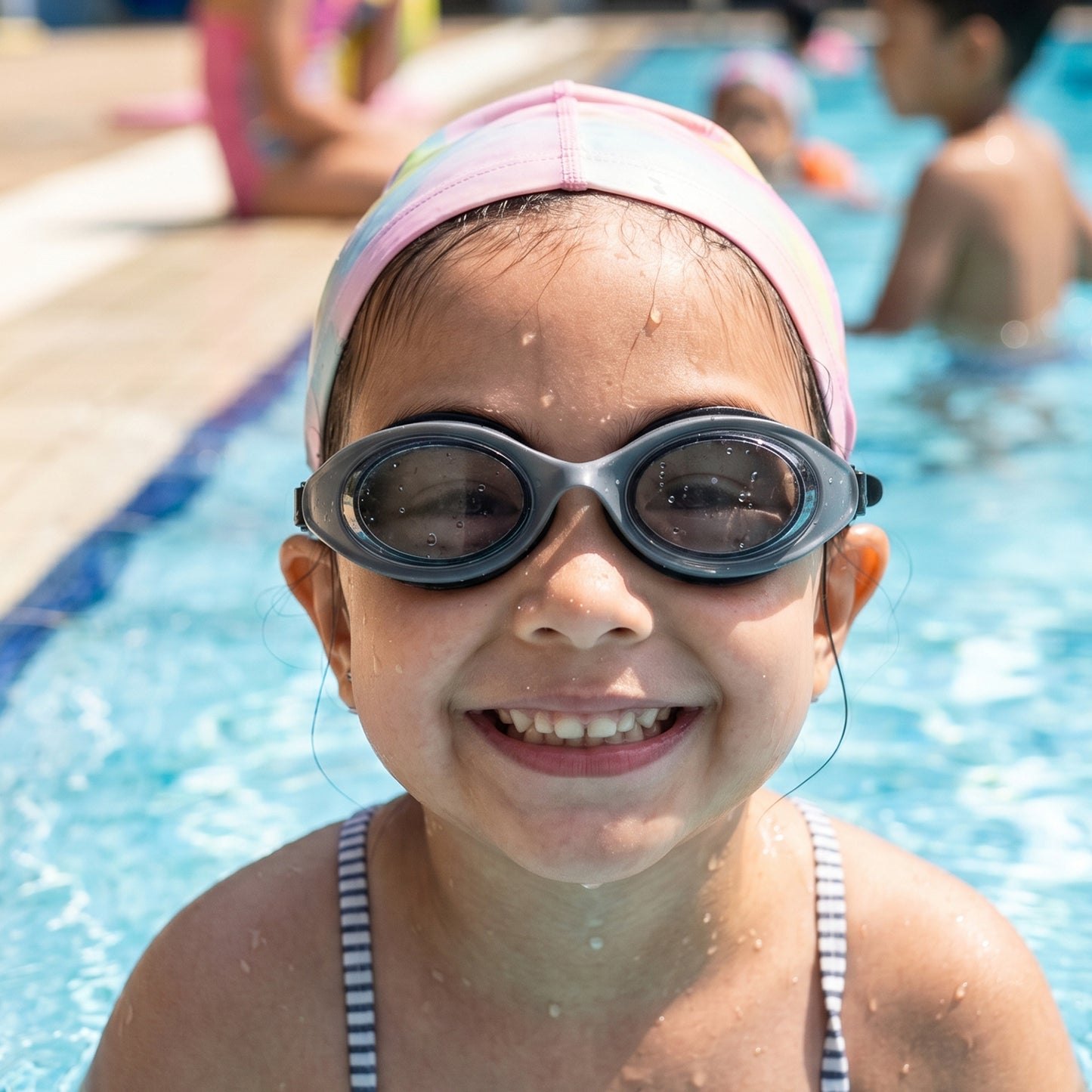 Kids UV protection swimming goggles by Wukusy with anti-fog lenses and a comfortable fit, shown in a clear close-up image.