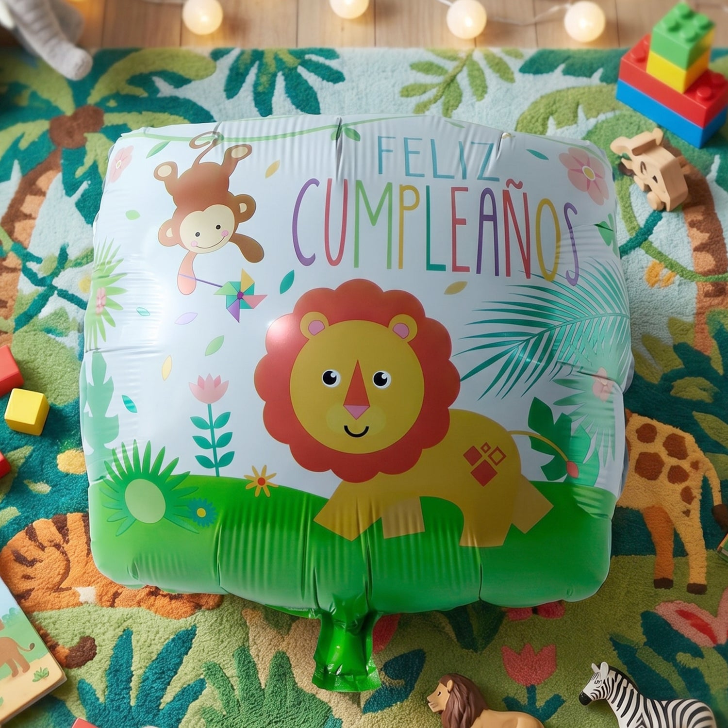 Jungle theme lion birthday foil balloon with colorful jungle design, featuring a lion, for celebration decorations.
