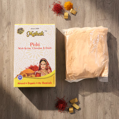 Traditional Mahak Pithi for face and body by Wukusy, 100g, showcasing the herbal powder in a bowl with a wooden spoon.