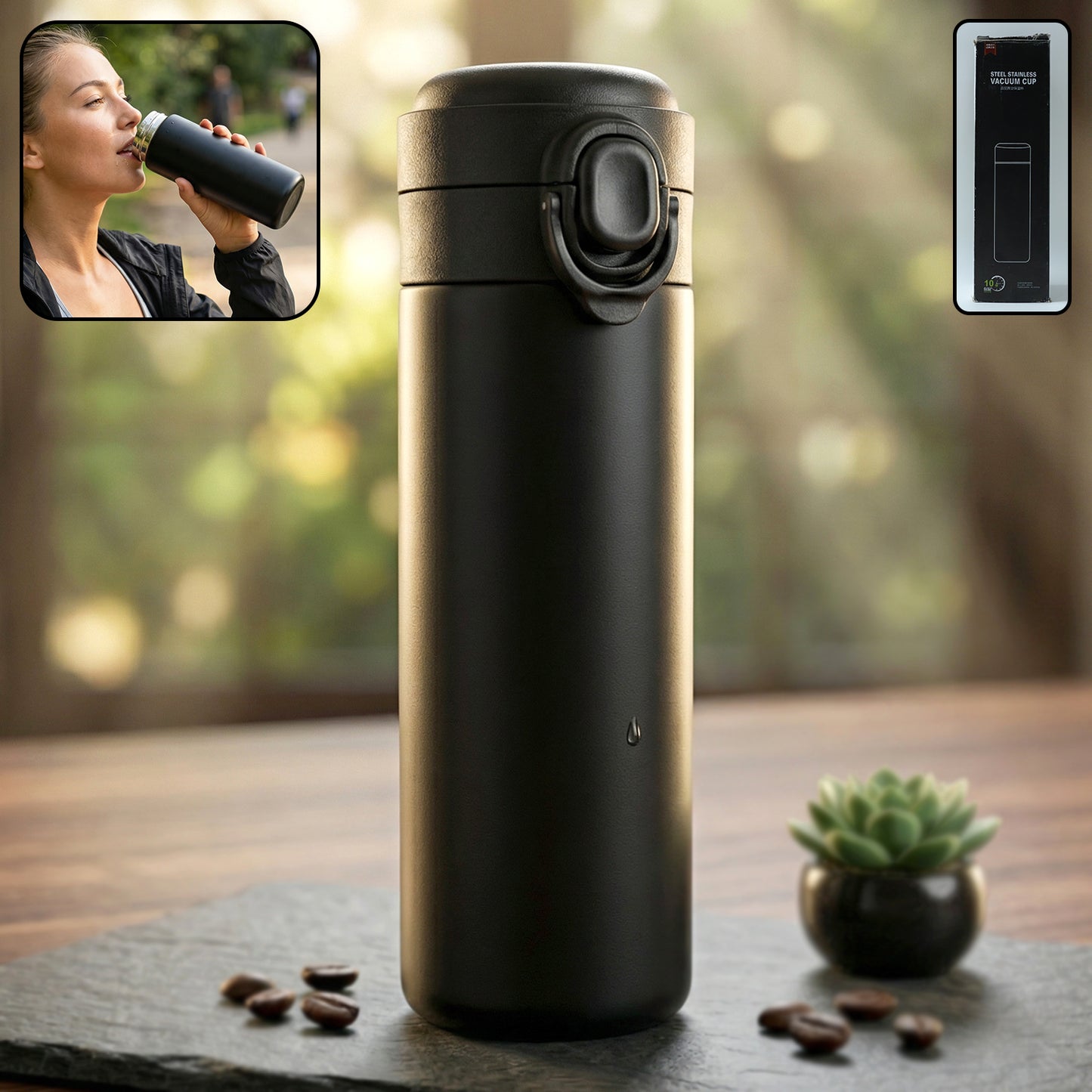 Wukusy premium stainless steel vacuum insulated water bottle, 300 ml, with a sleek silver finish and leak-proof cap.