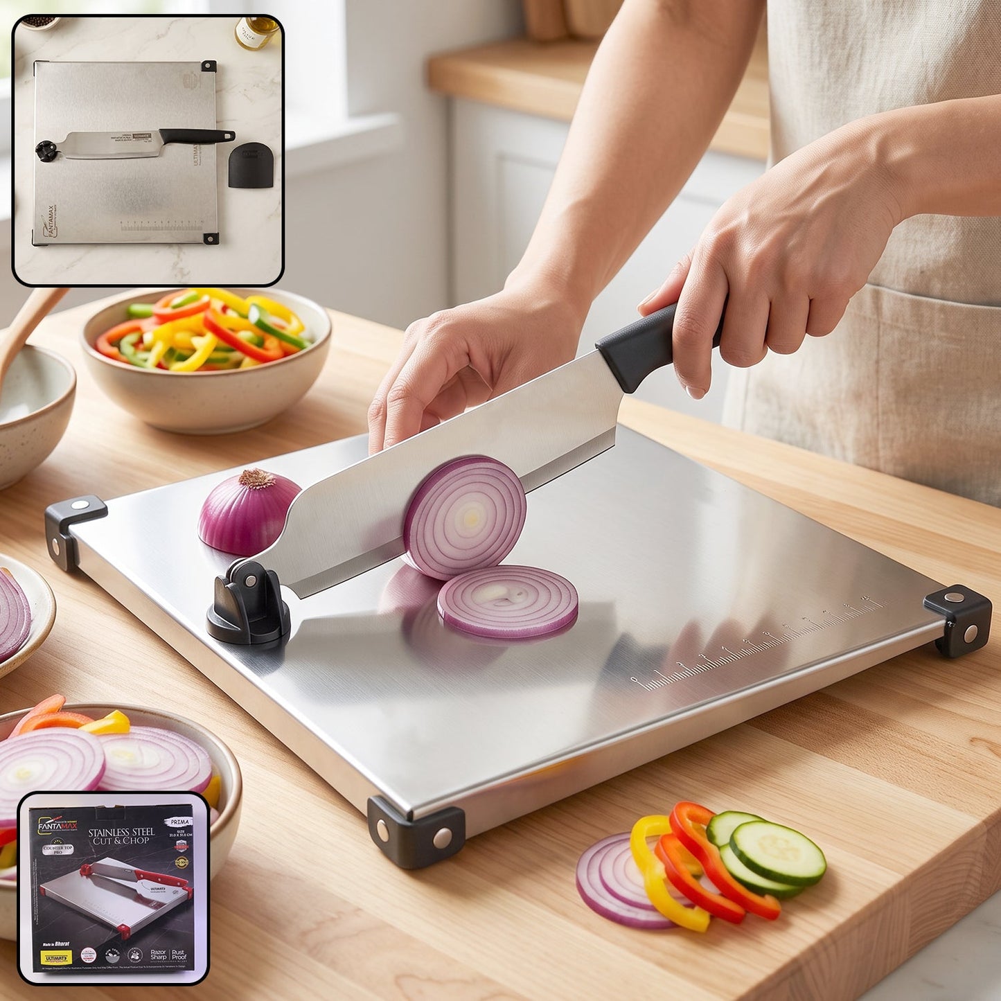 Wukusy stainless steel 2-in-1 cut and chop board with knife and sharpener, featuring a sleek, durable kitchen prep set.