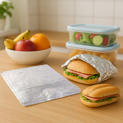 Wukusy aluminium foil cut sheets, 220x250 mm, 50 sheets for kitchen use, neatly stacked on a clean surface