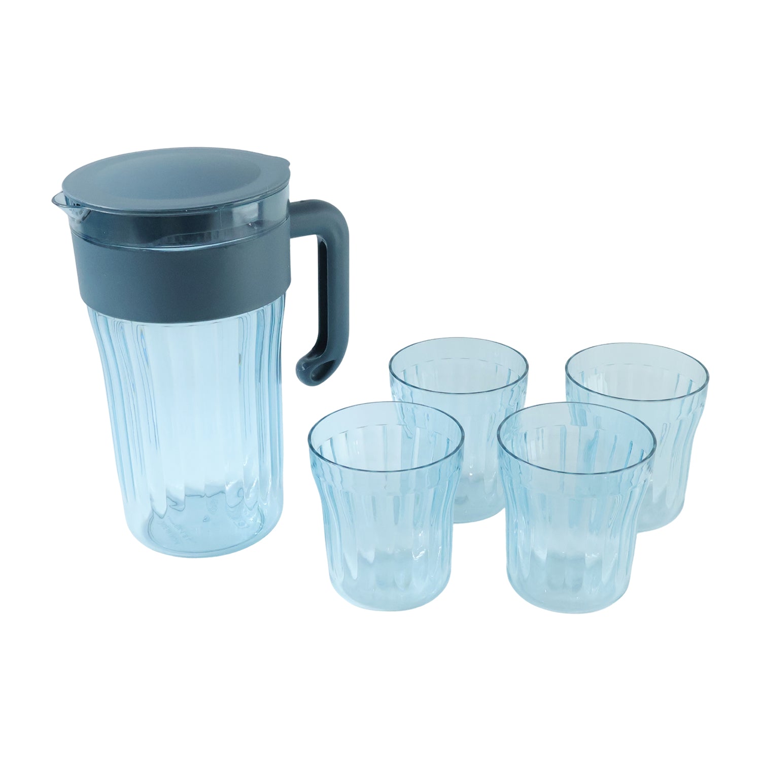 Wukusy multipurpose plastic water and juice serving jug with four matching glasses, ideal for beverages and entertaining.