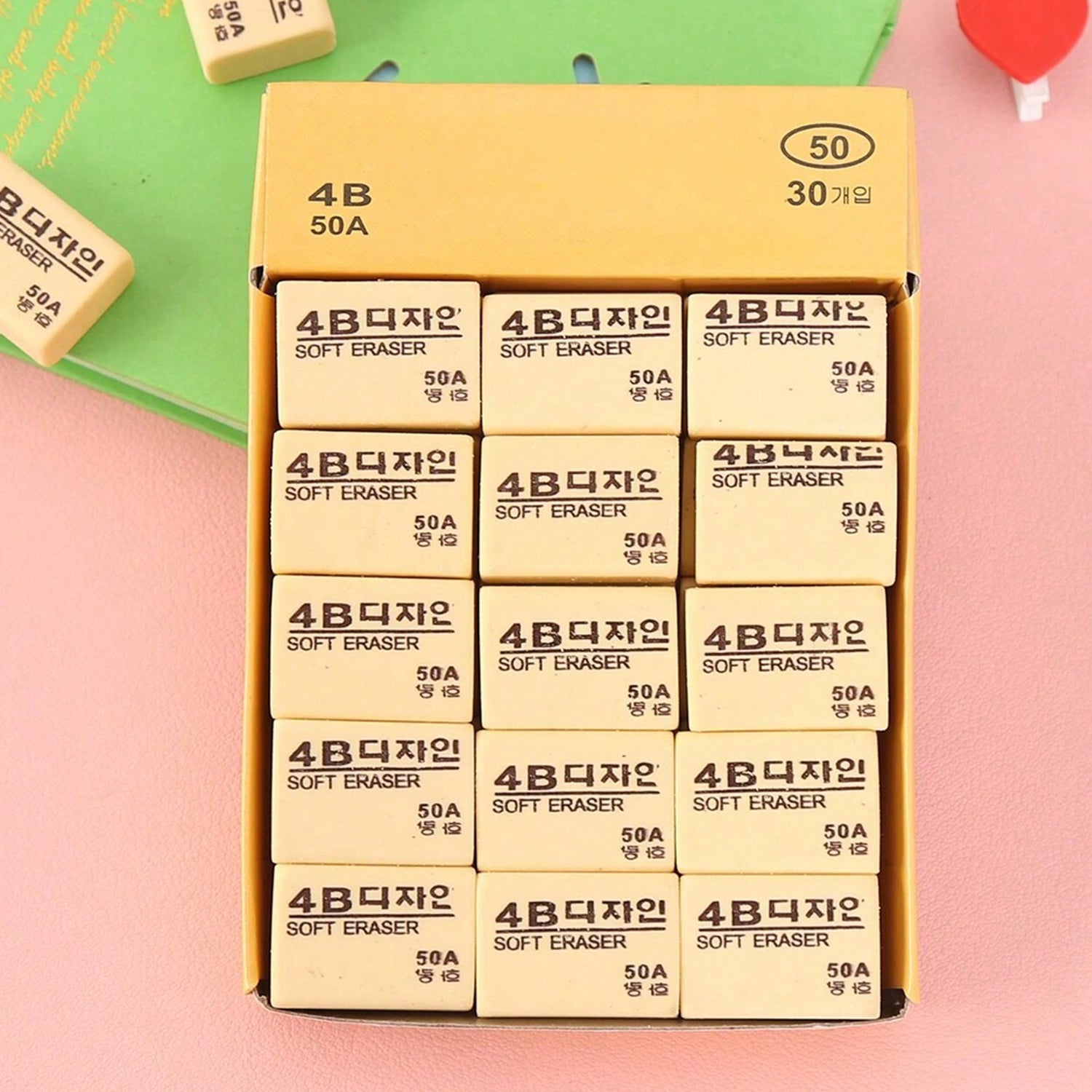 Wukusy 4B yellow pencil erasers for kids, 30-pack, ideal for office or school use, shown in a neat stack
