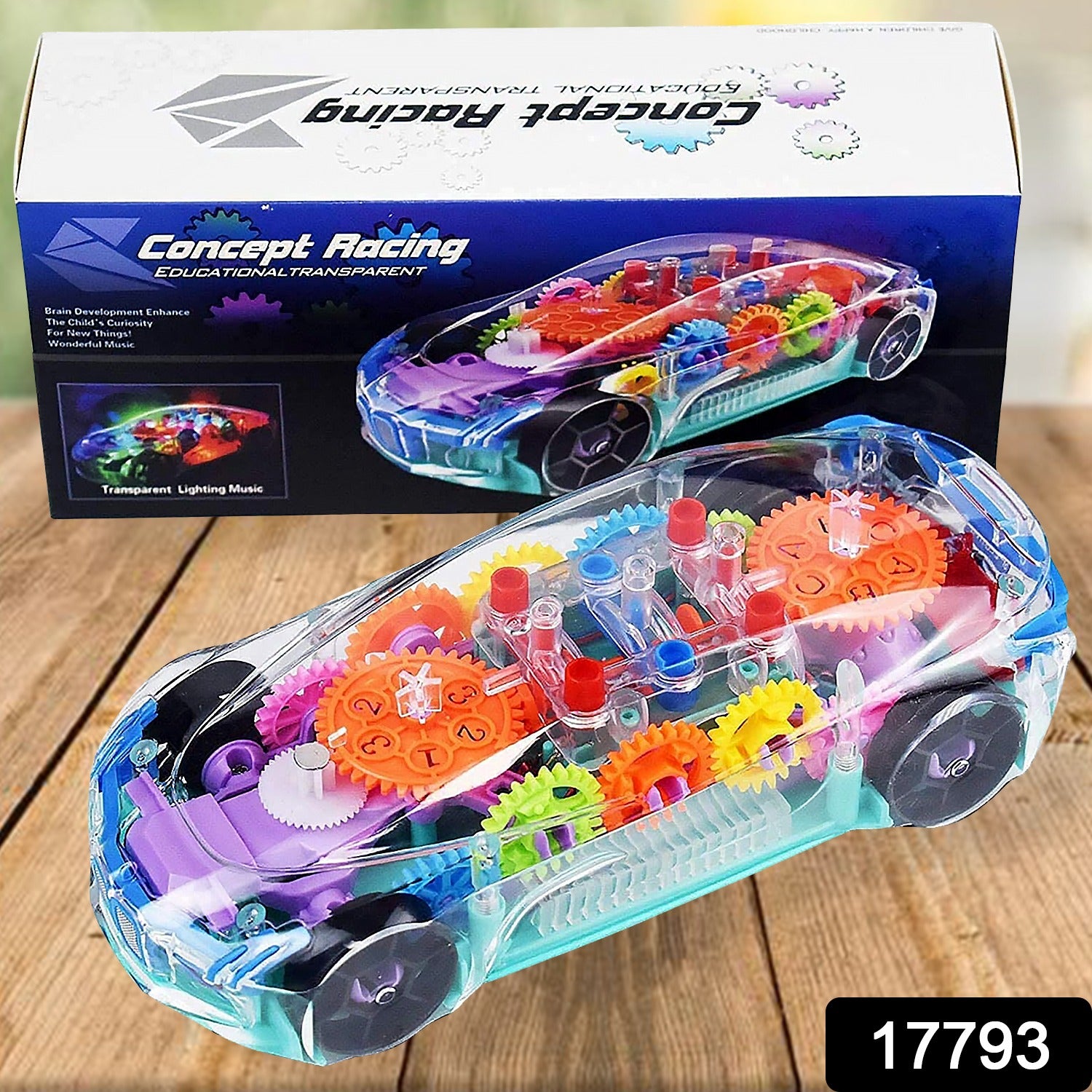Wukusy 17793 automatic 360° rotating transparent gear concept toy car with musical and 3D flashing lights for kids, multicolor.