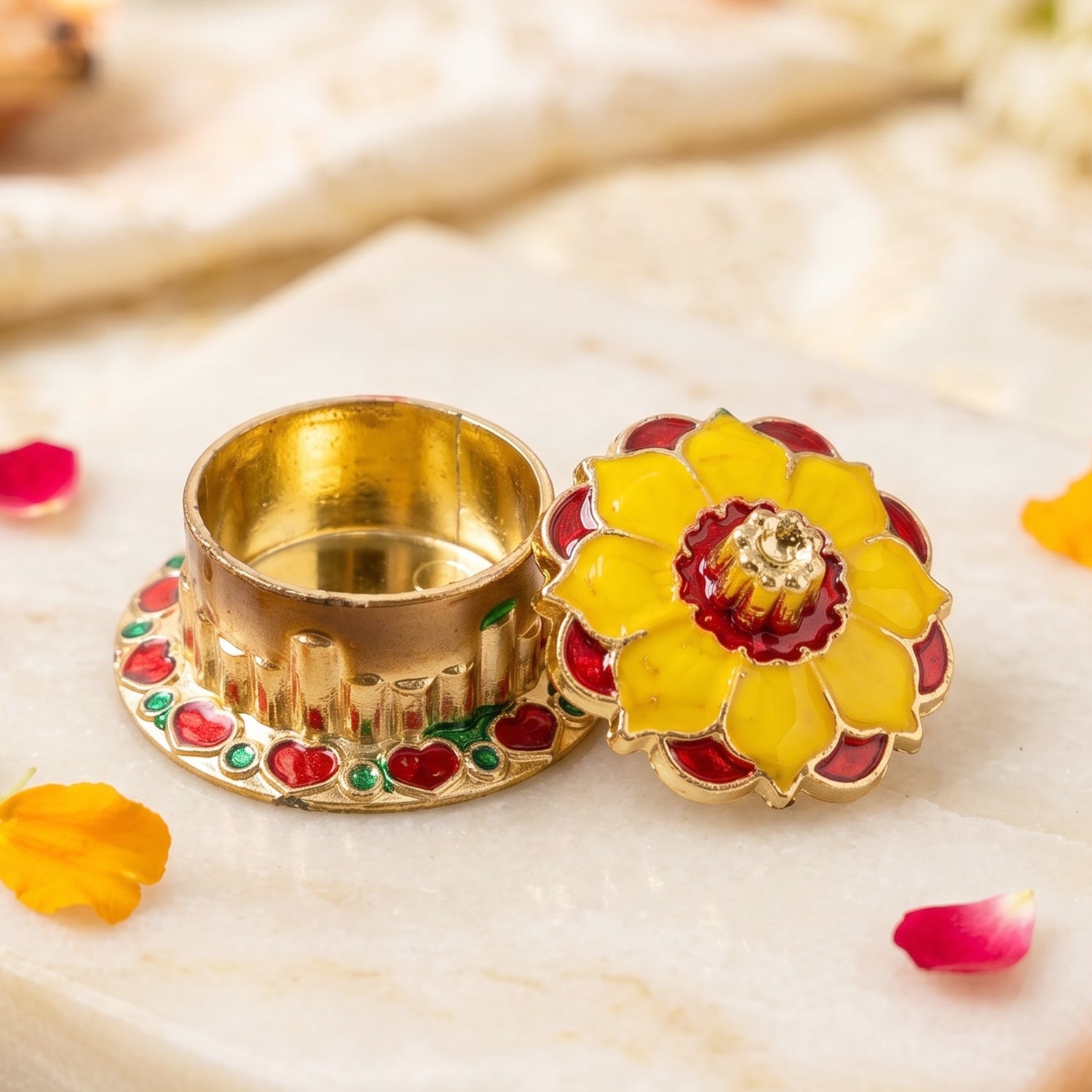 Decorative golden Kankavati Kumkum box by Wukusy, traditional Sindoor holder for pooja, with intricate design and lid.
