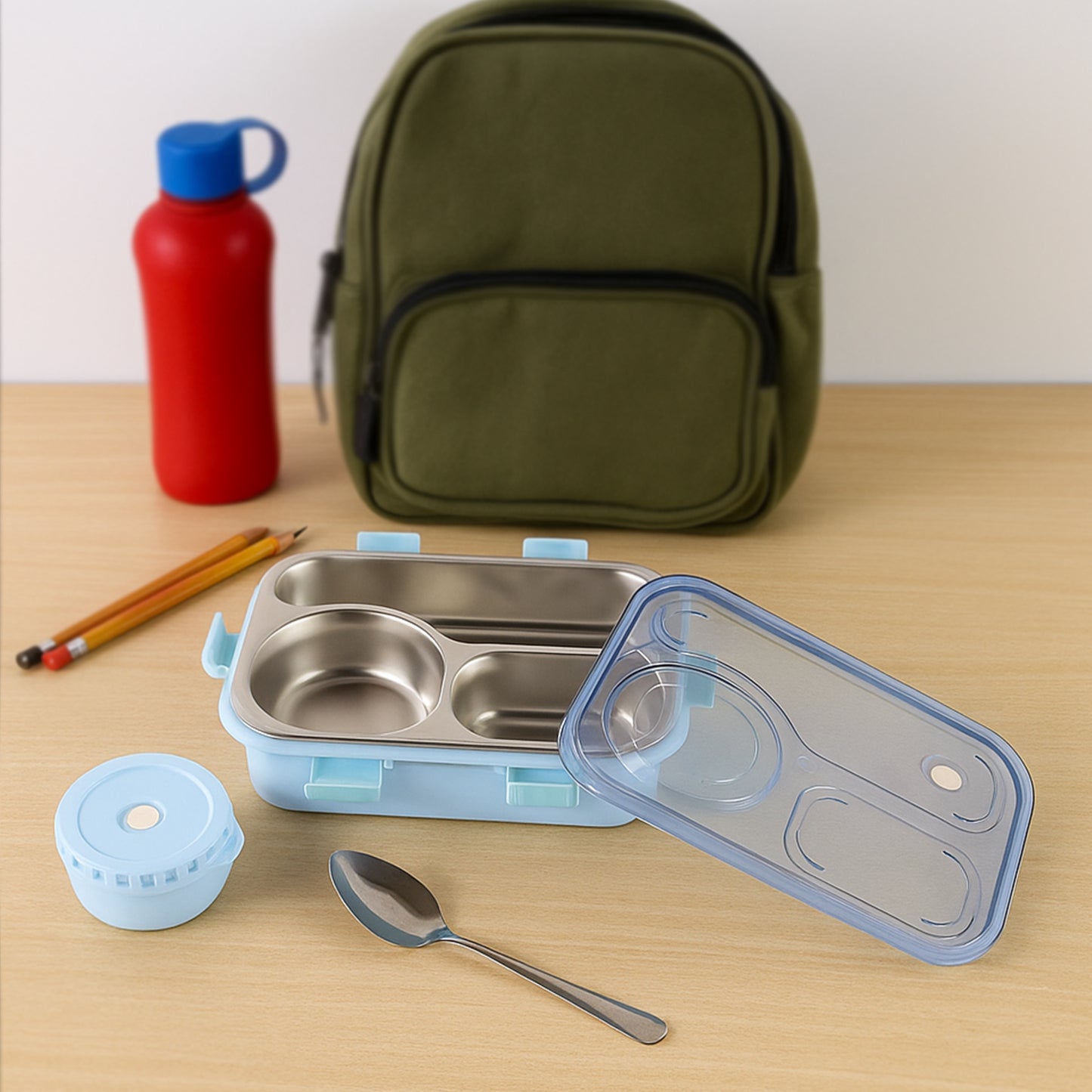 Wukusy premium stainless steel compartment lunch box set with multiple sections for home and kitchen use.