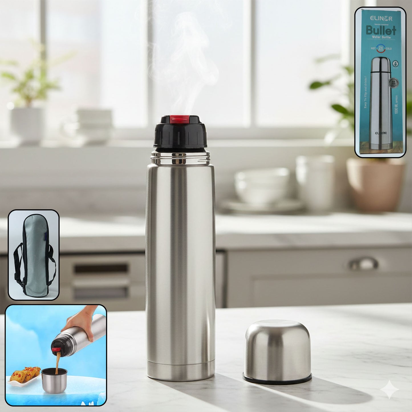 Bullet style stainless steel vacuum insulated water bottle, 1000 ml, by Wukusy, shown with sleek metallic finish and secure lid