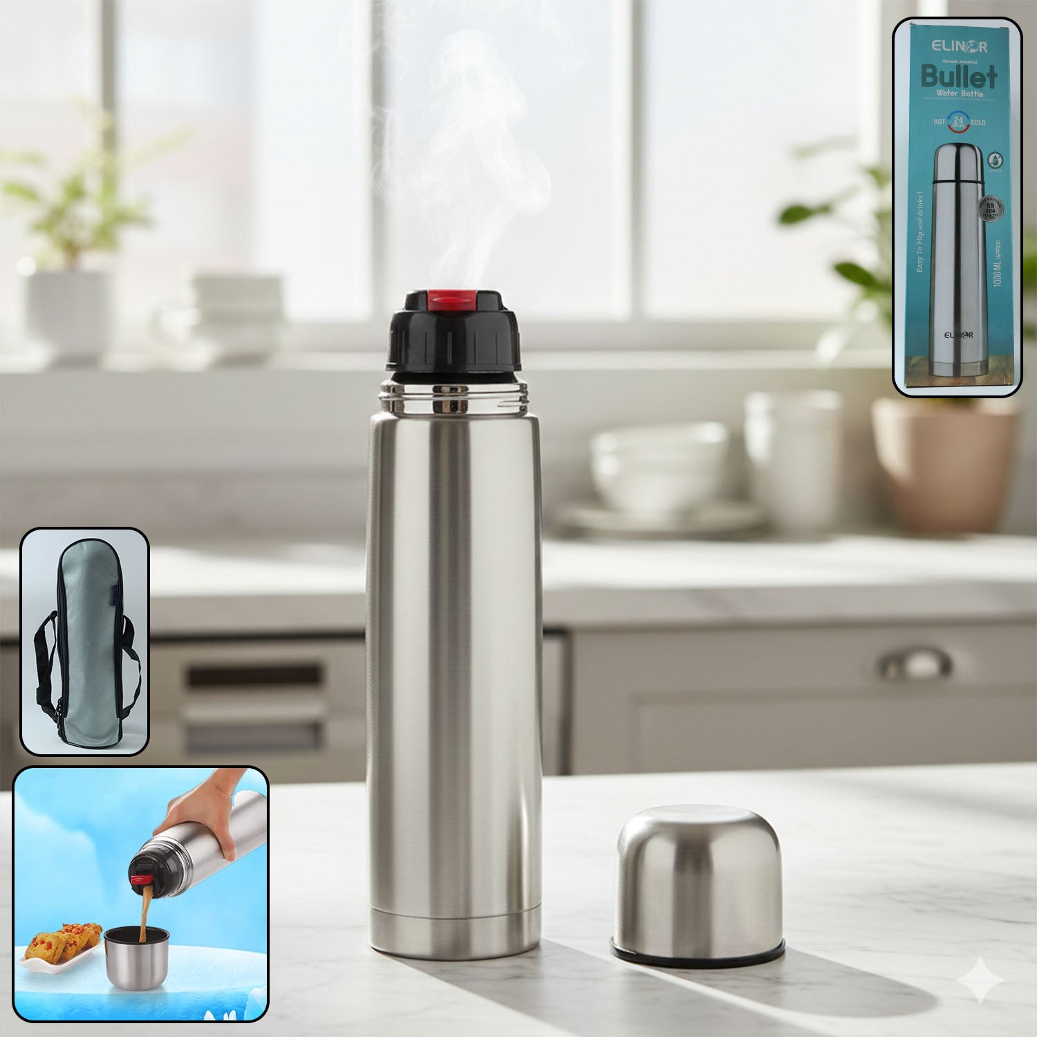 Bullet style stainless steel vacuum insulated water bottle, 1000 ml, by Wukusy, shown with sleek metallic finish and secure lid