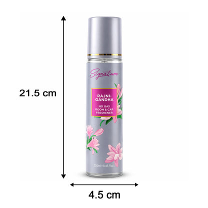 Wukusy Signature Rajnigandha room and car freshener spray bottle, 250ml, with floral fragrance and sleek design.