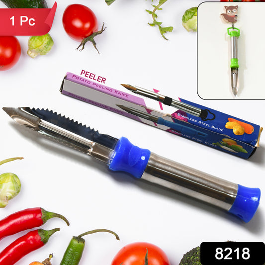 Wukusy 2-in-1 stainless steel vegetable peeler with hanging ring, suitable for peeling and shredding carrots, potatoes, and fruits.