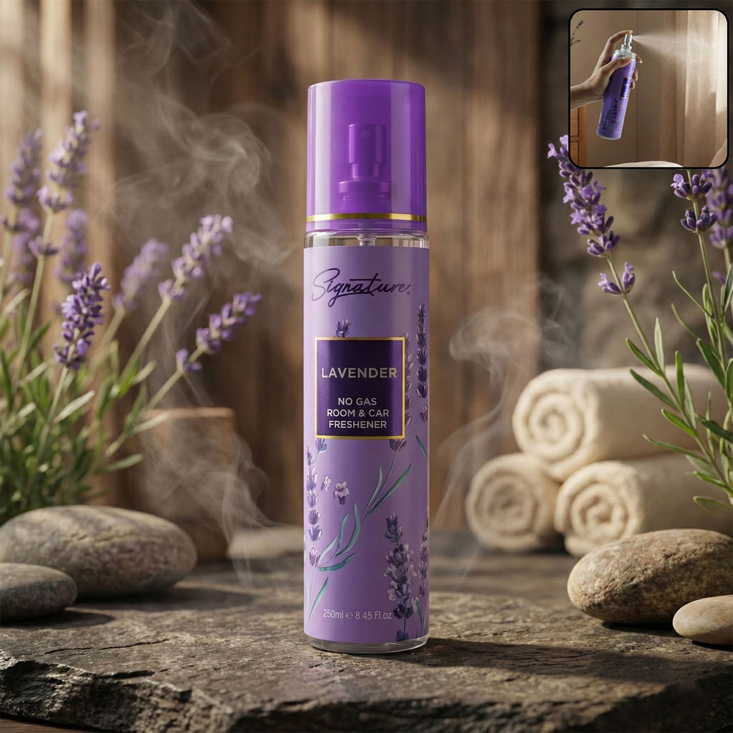 Wukusy Lavender No Gas Room Car Freshener Spray bottle, 250ml, featuring a lavender-scented design for freshening car interiors.