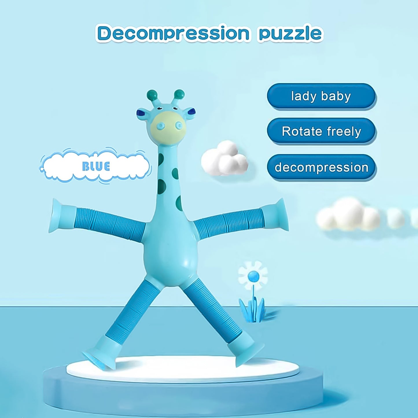 Wukusy LED giraffe telescopic suction cup toy with bright lights, flexible neck, and colorful design for children.