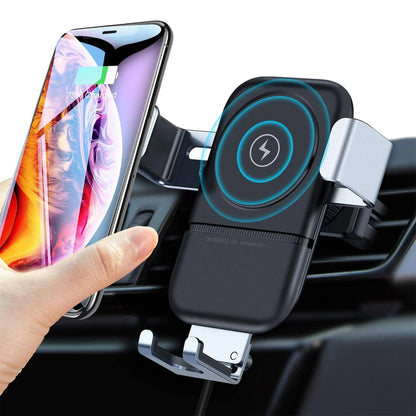 Wukusy 7042 wireless car phone holder with auto clamping, 10W Qi fast charging, 360° rotation, air vent mount for smartphones.