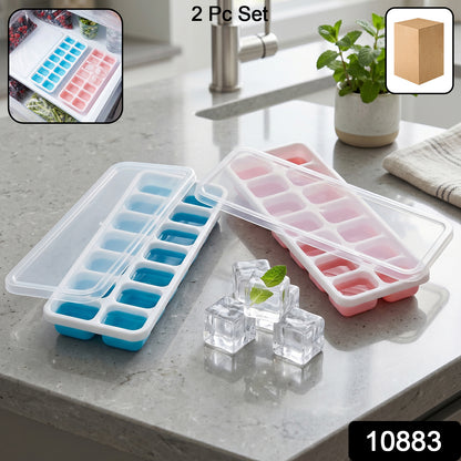 Wukusy plastic ice cube tray with lid, 14-grid, reusable, in a pack of two, showing the tray filled with water and a lid covering the cubes.