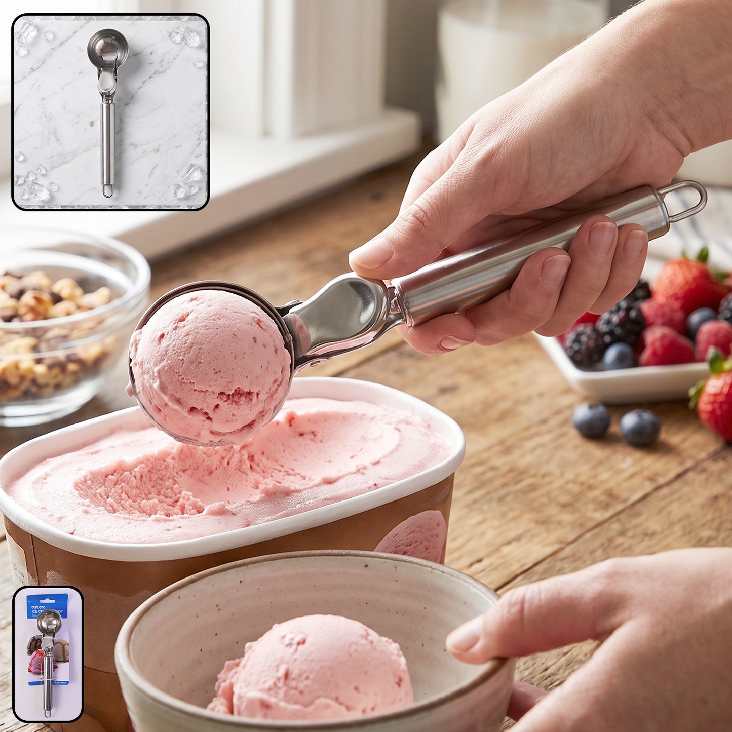 Wukusy stainless steel trigger release ice cream scoop and cookie dough scooper on a white background.