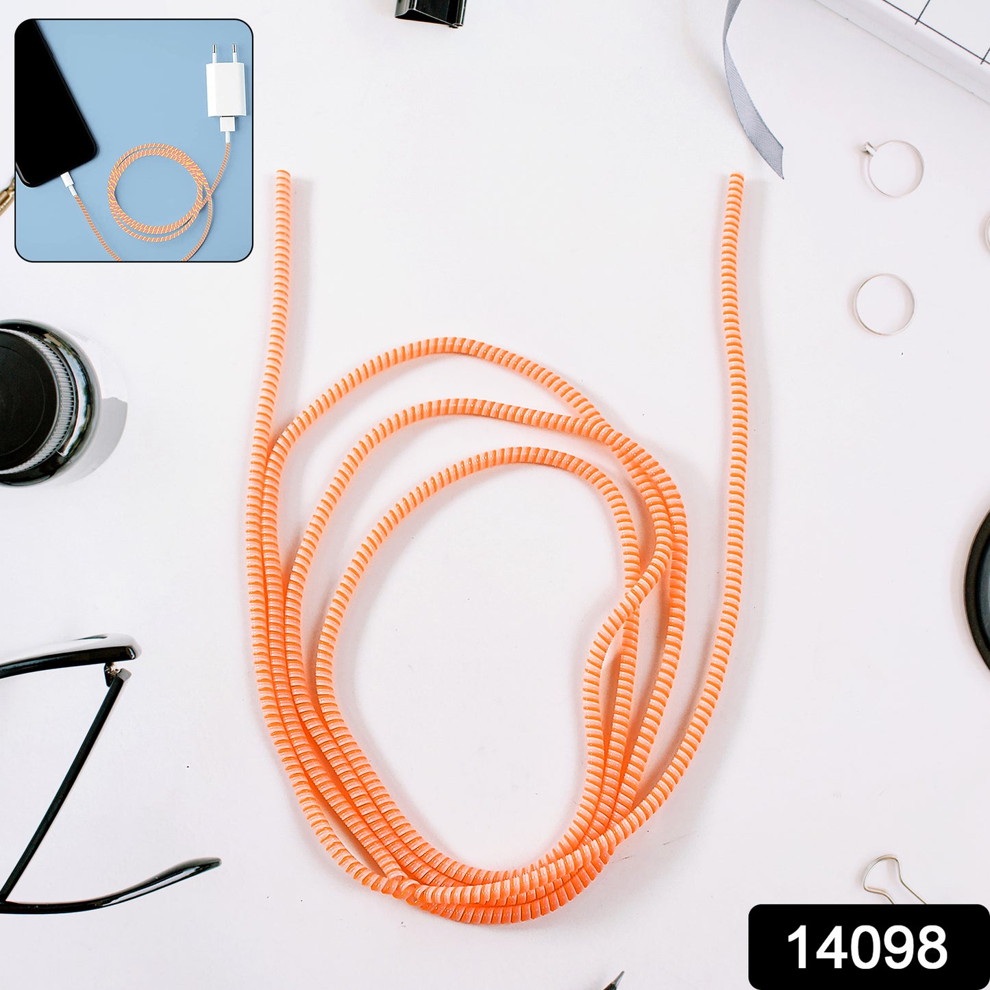 Wukusy flexible spiral cable protector sleeve wrapping around a smartphone charging cable to prevent wear and tear.