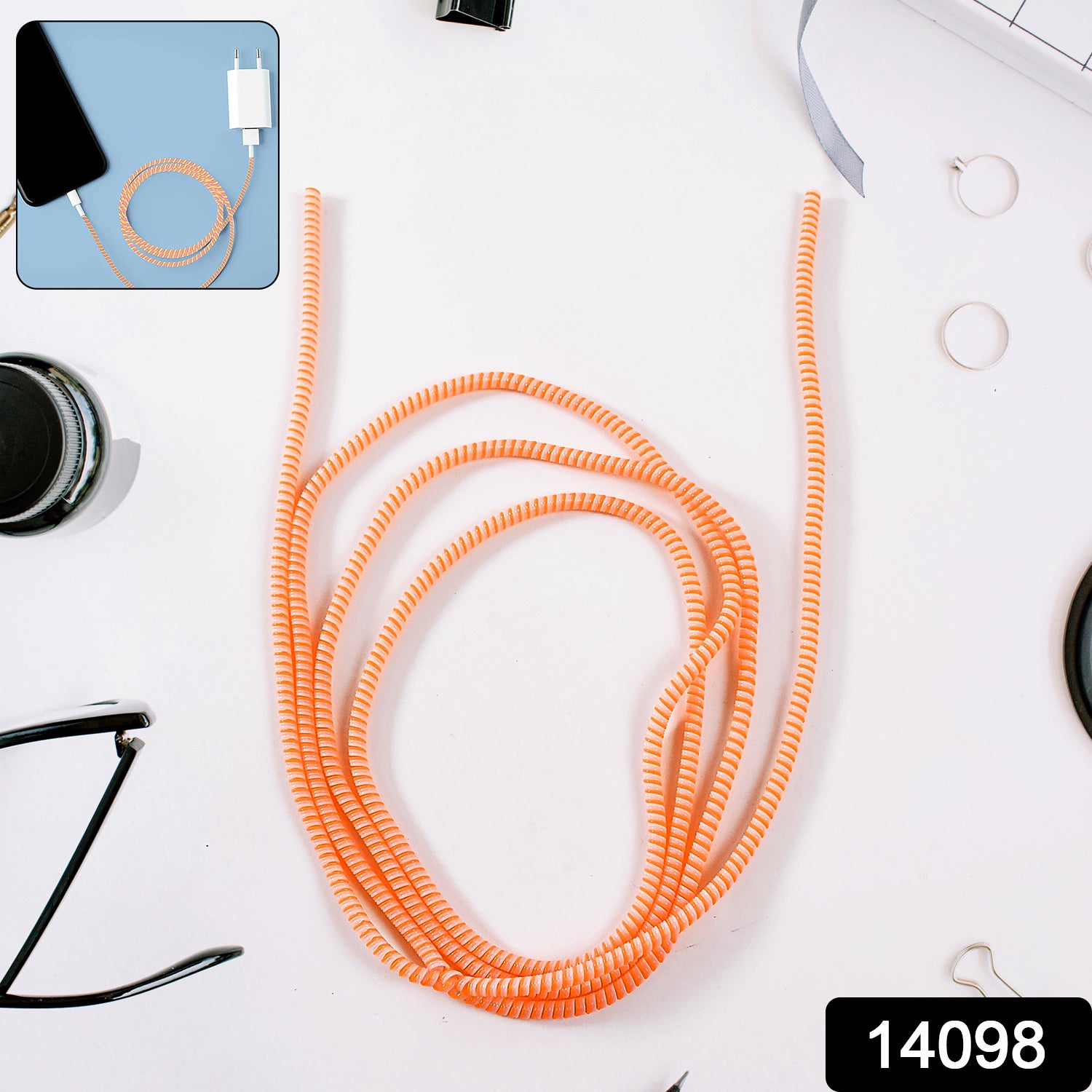 Wukusy flexible spiral cable protector sleeve wrapping around a smartphone charging cable to prevent wear and tear.