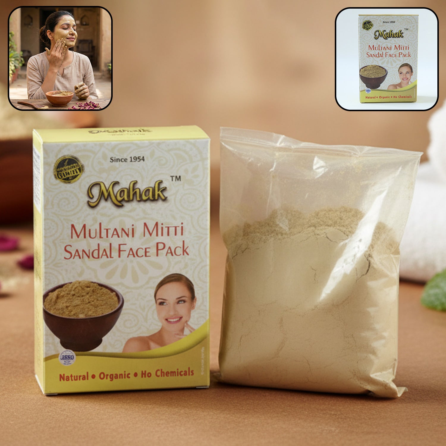 Wukusy Herbal Multani Mitti and Sandal Face Pack in an open jar, showcasing the natural clay and sandalwood ingredients.