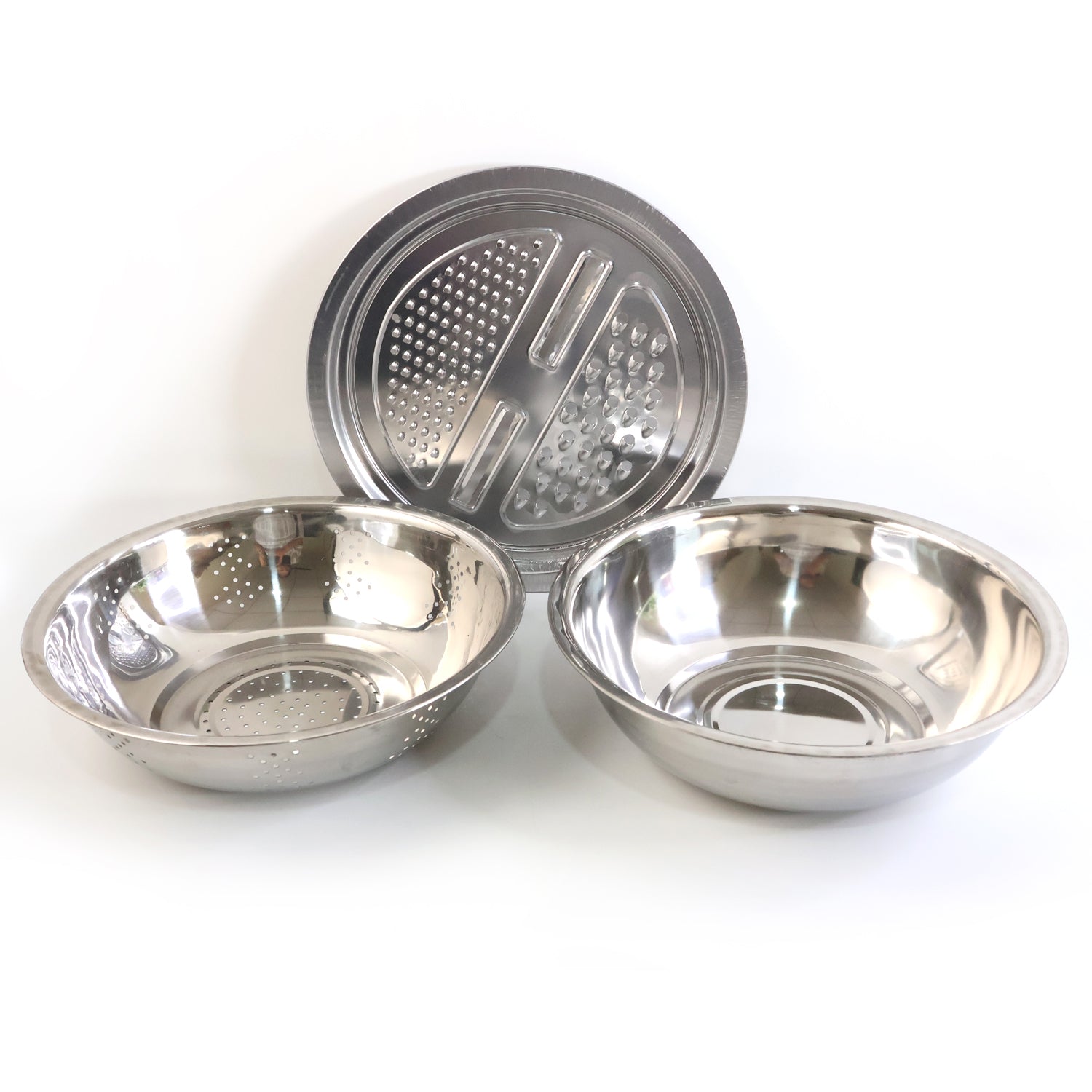 Wukusy 3-in-1 stainless steel mixing, straining, and grater bowl set with multiple attachments for versatile kitchen prep.