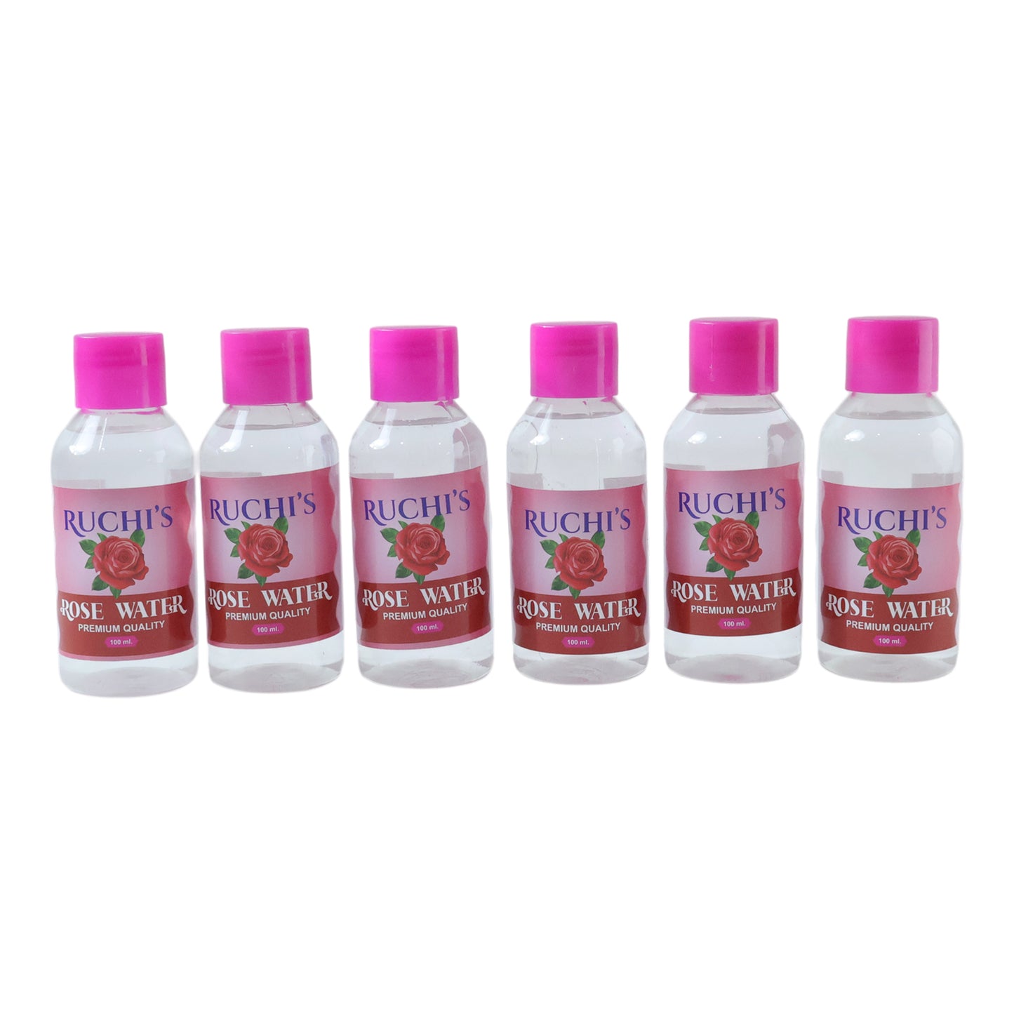 Wukusy Premium Rose Water Face Cleanser bottles, 6-pack, 100ml each, with clear packaging and floral rose water branding.