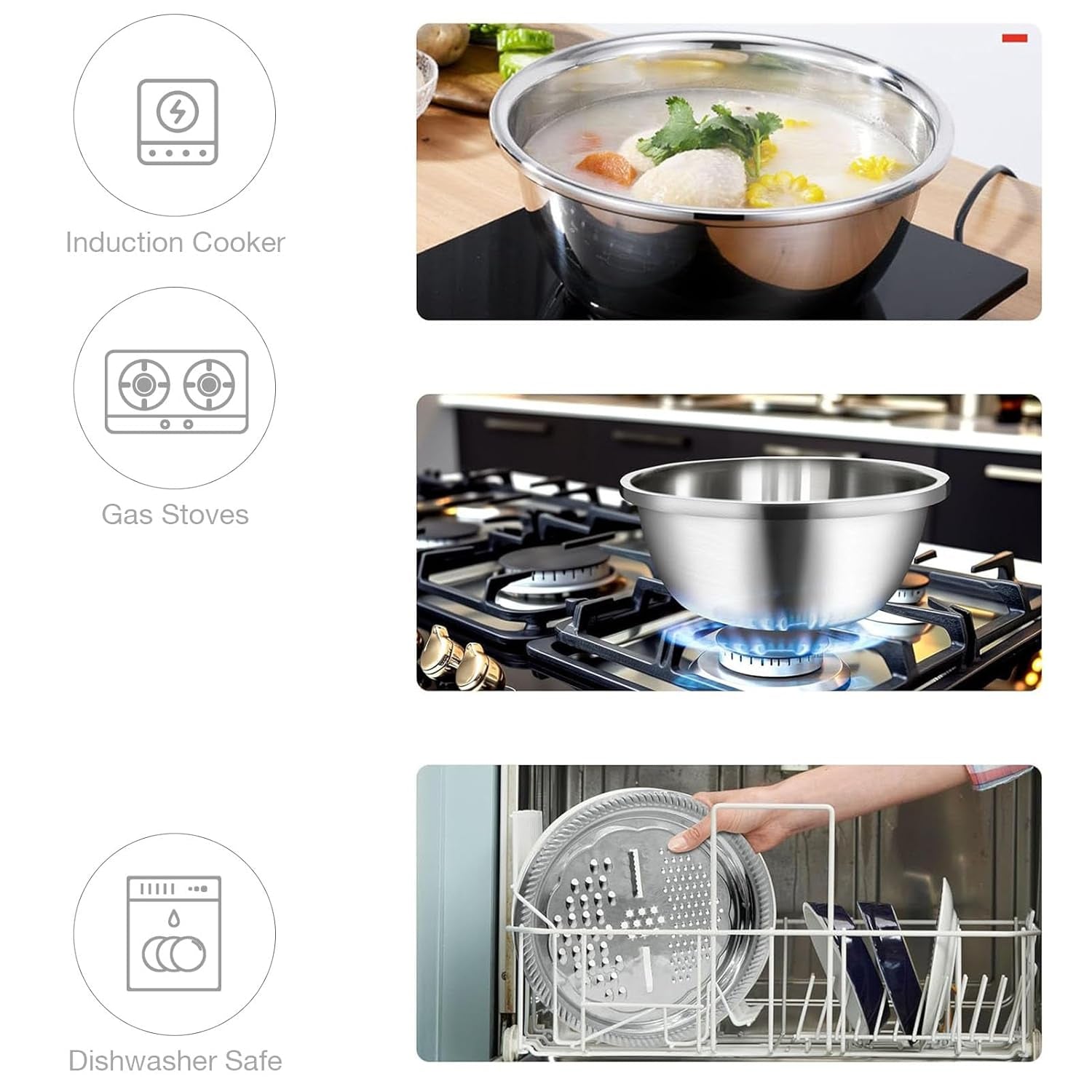 Wukusy 3-in-1 stainless steel mixing, straining, and grater bowl set with multiple attachments and a polished finish.
