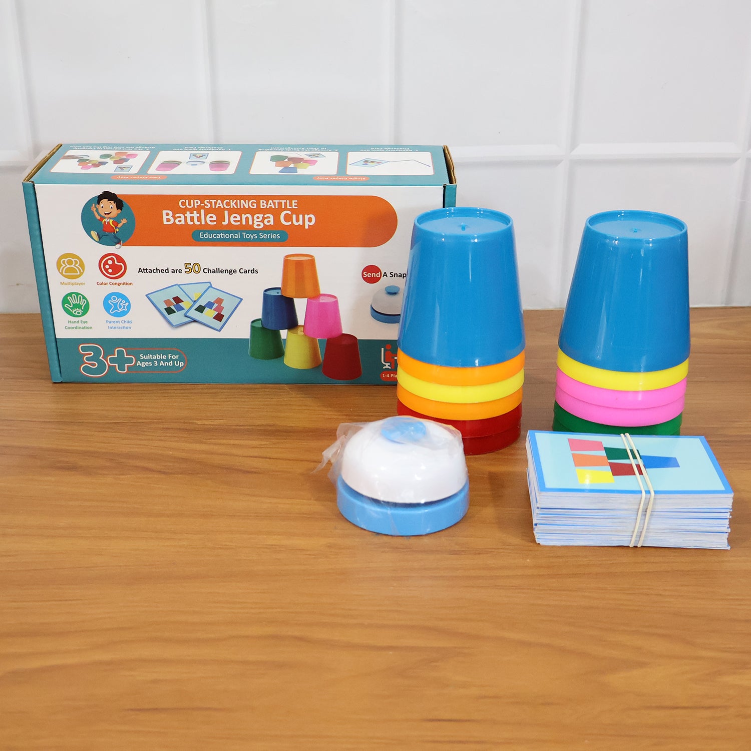 Wukusy Cup Stacking Battle Challenge Game Set with colorful plastic cups for competitive stacking fun.
