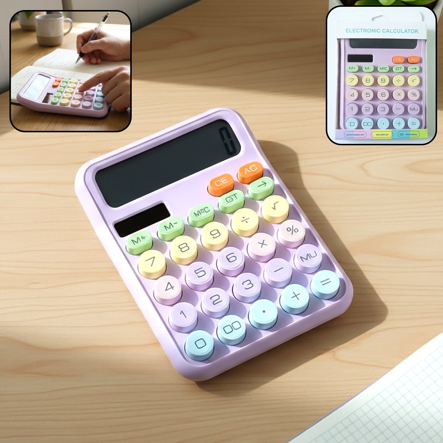 Wukusy electronic desktop calculator with numeric keypad and display screen for quick calculations on a clean desk surface.