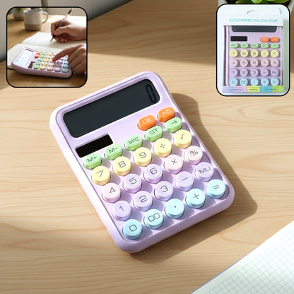 Wukusy electronic desktop calculator with numeric keypad and display screen for quick calculations on a clean desk surface.