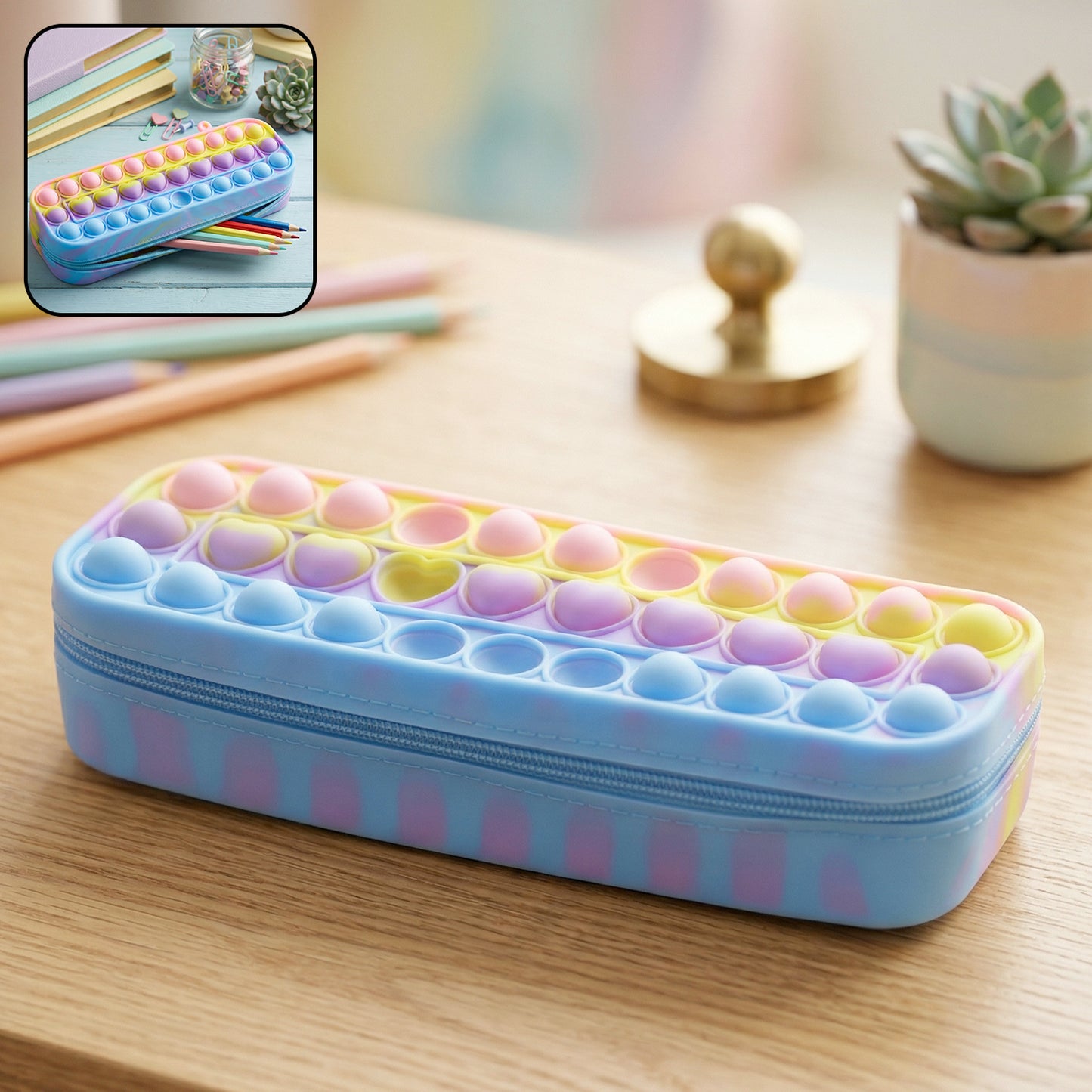 Wukusy Pop It silicone pencil pouch with zipper, colorful and flexible storage case for stationery and small items.