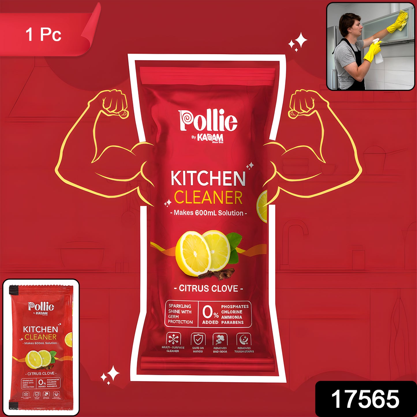 Wukusy Pollic Kadam concentrated kitchen surface cleaner sachet for home and kitchen cleaning, with fresh citrus scent.